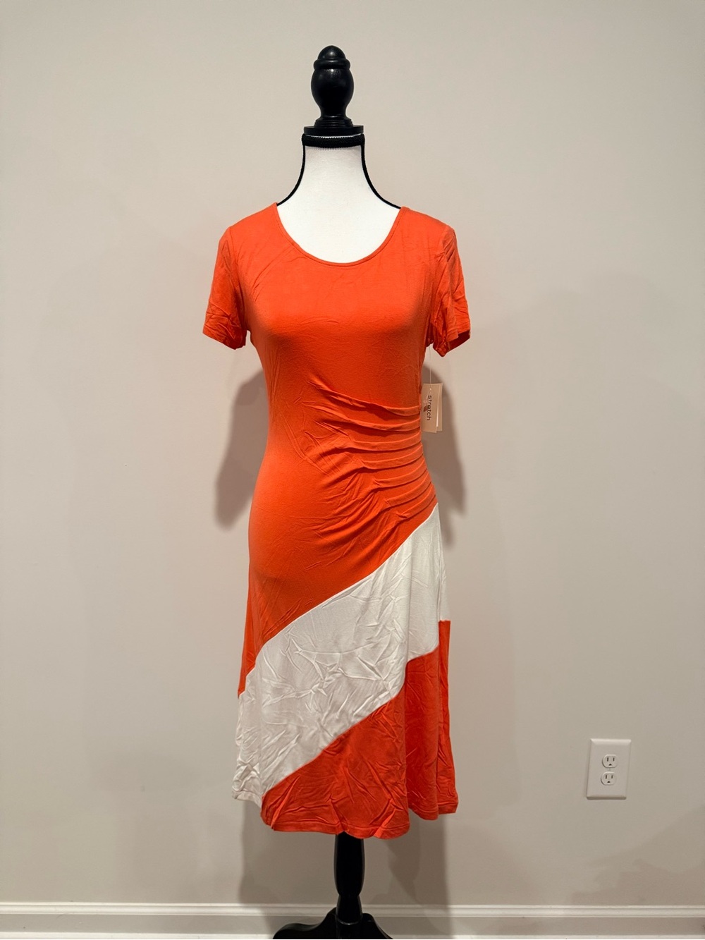 Beige by eci Orange and White Ruched Diagonal Midi Dress